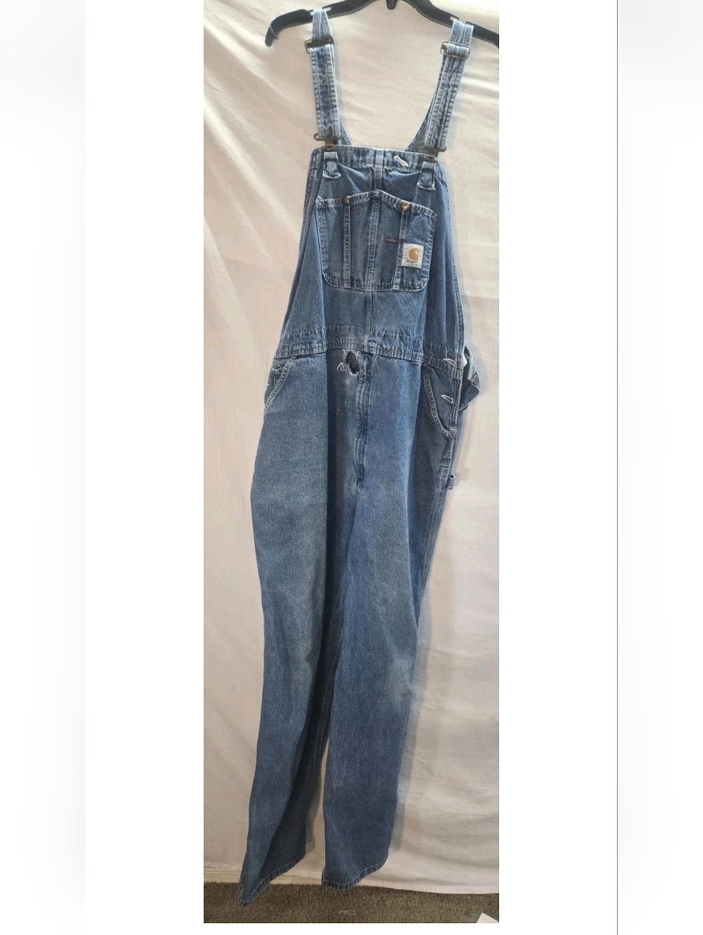 Carhartt Blue Denim Overalls Bib Men’s Work Farmer Distressed 44X33-measured